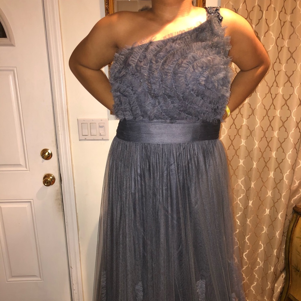 Gray one shoulder mesh evening gown size 20